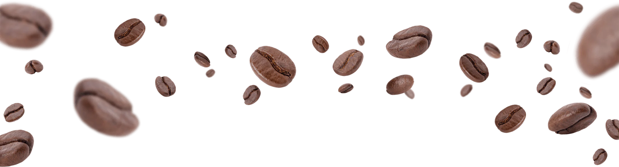 Floating coffee beans on a transparent background.